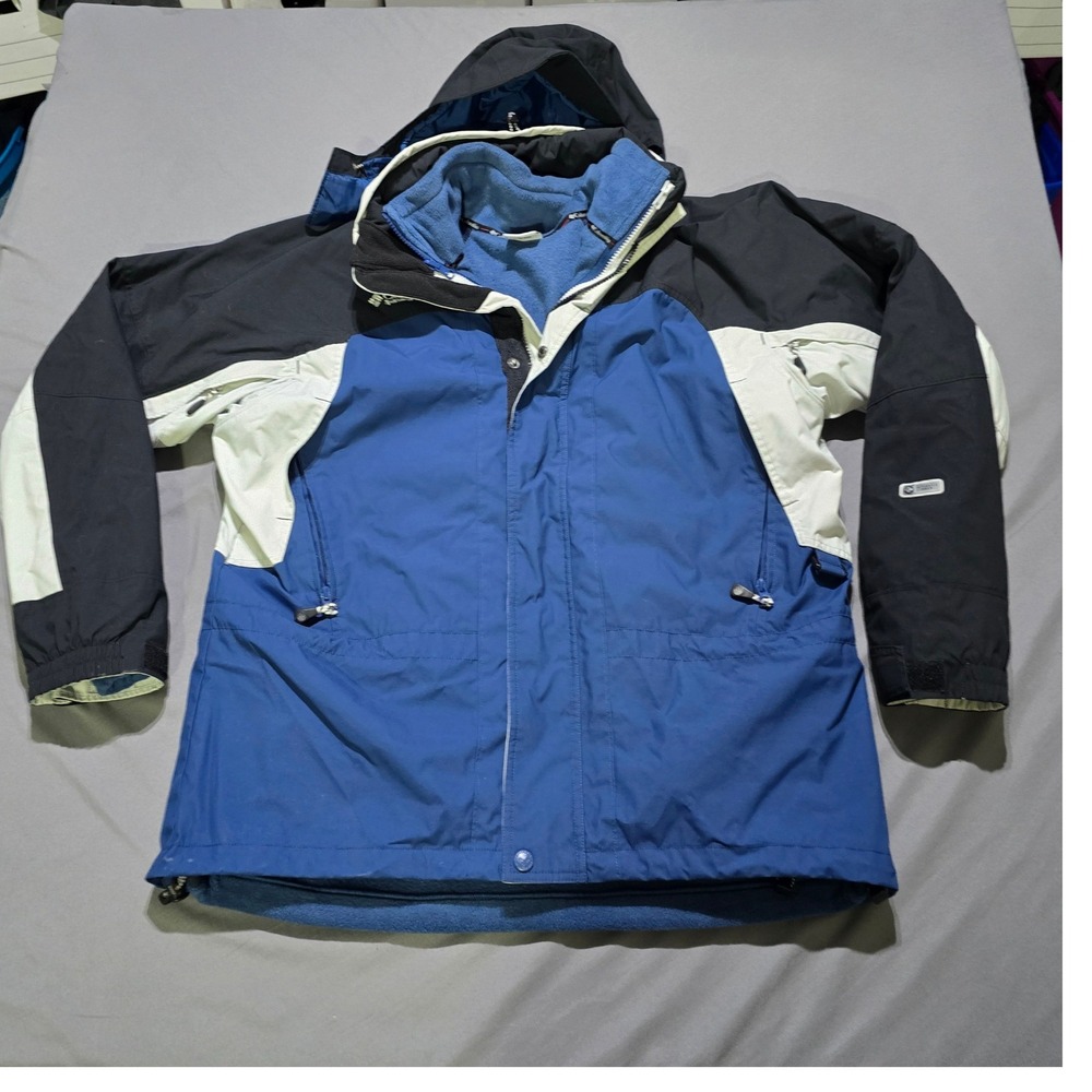 Columbia Interchange Jacket Mens L Blue Black 3-in-1 Fleece Lined Hooded Outdoor